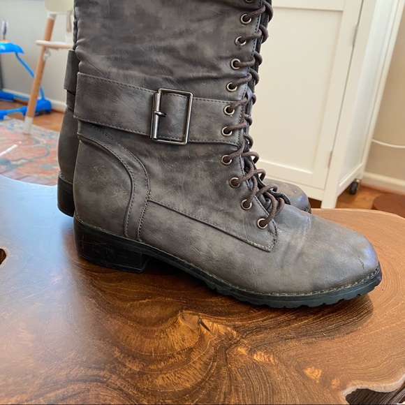 Faux Leather Long Lace Up Boots | Grayish Brown | Faux Fur Top | 7 - Picture 4 of 8